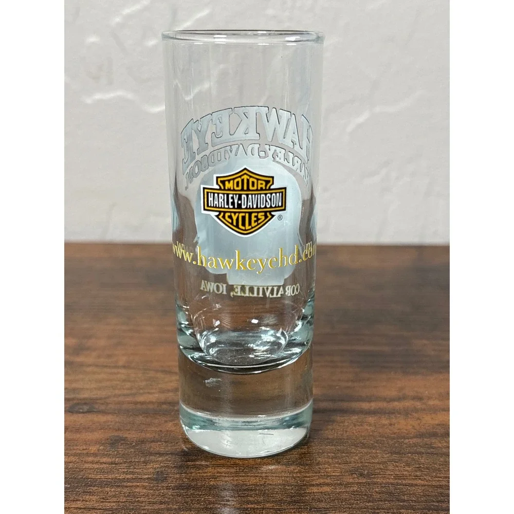Harley-Davidson Hawkeye Coralville Iowa‎ Tall Shot Glass Shooter Bar Shield Logo